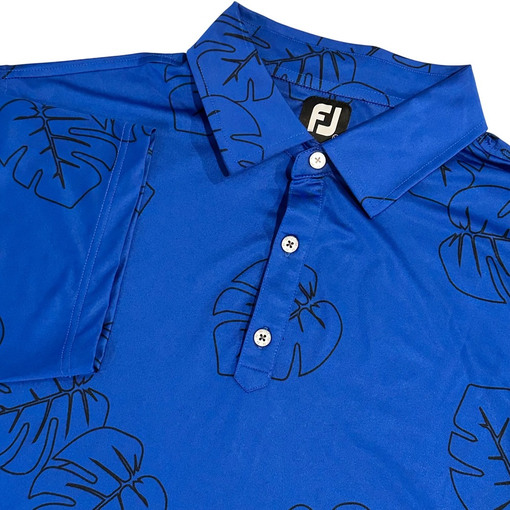 FootJoy‎ Mens XL Blue Black Monstera Leaf Print Golf Polo Shirt Tropical